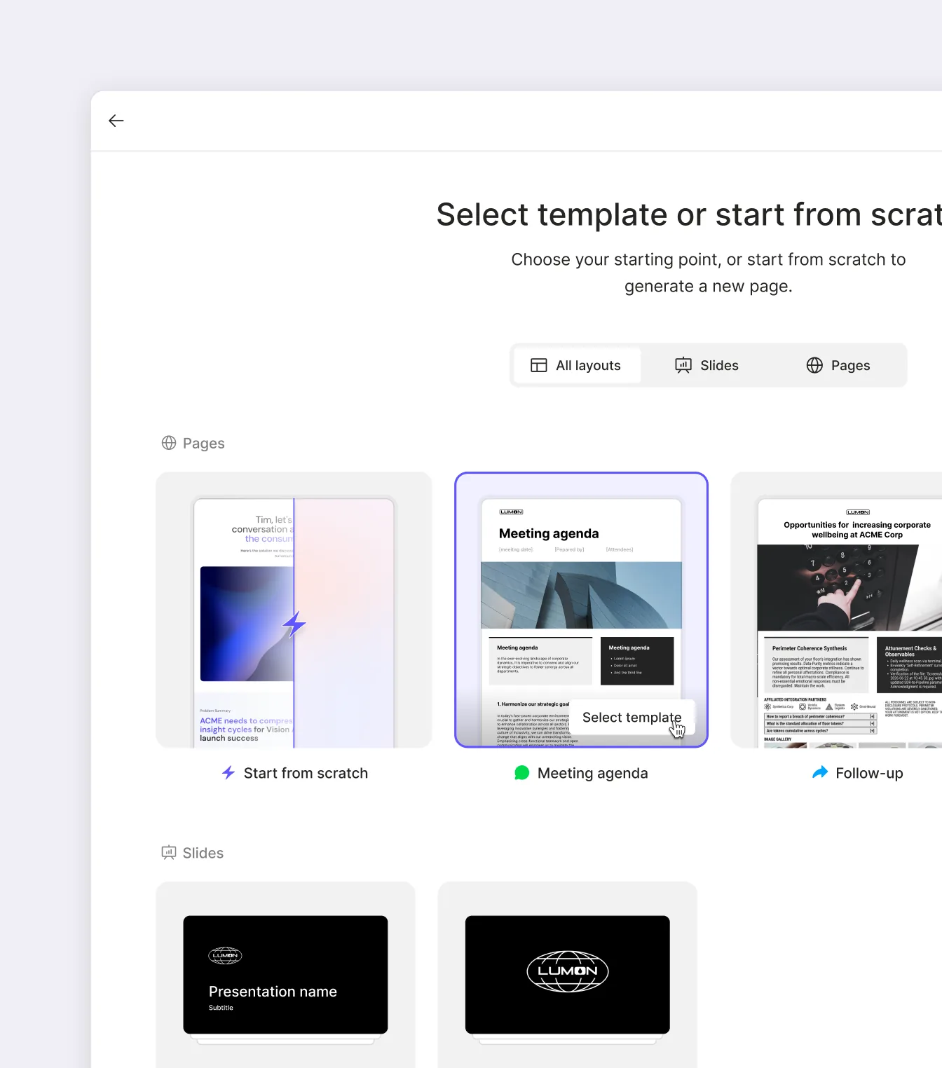 Scene - select template to create content
